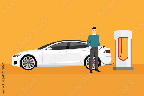 Man charges an electric car at a charging station. Vector illustration
