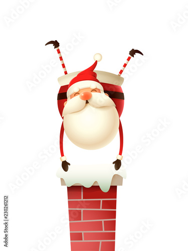Happy cute Santa Claus standing on hands on the chimney - isolated on white background