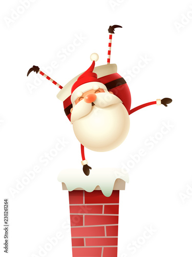 Happy Santa Claus standing on his hand on the chimney and wave with other hand - isolated on white background