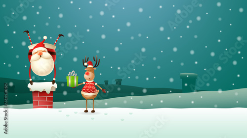 Reindeer helps Santa Claus put down all the gifts down the chimney on the roof - winter night scenery