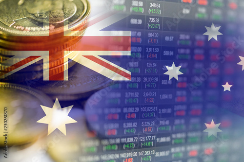 Foto Stock market investment trading financial, coin and Australia flag or Forex for analyze profit finance business trend data background