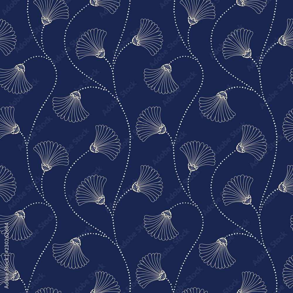 Fototapeta Cream Hand-Drawn Abstract Floral Vector Seamless Pattern on Indigo Background. Art Deco Blooms. Abstract Fan Flowers