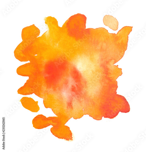 Bright orange stain painted in watercolor on clean white background