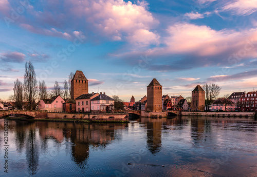 The Ponts Couverts (covered bridges) spanning River Ill, in the city of Strasbourg, in Alsace, in France. 