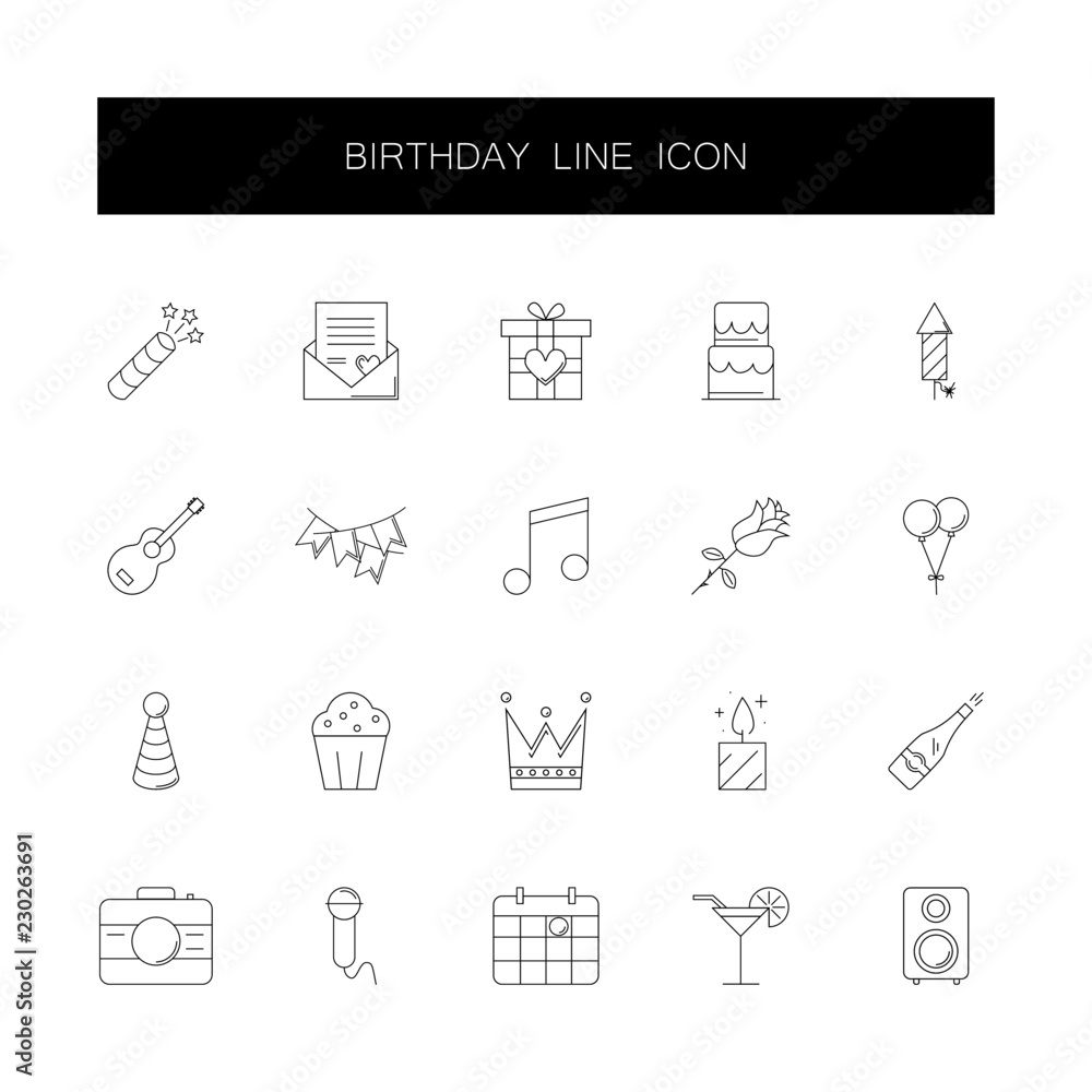 Line icons set. Birthday pack. Vector illustration