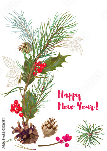 Vertical template card for New Year. Framework with holly berry, pine branches, cones, needles on white background, hand draw, watercolor style, botanical illustration. Christmas tree, vector, A4