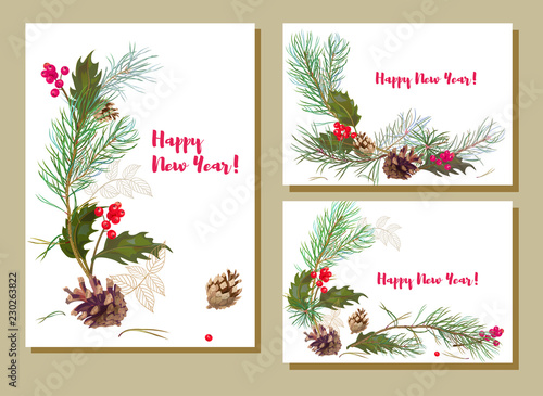 Set of vertical, horizontal template cards for New Year. Framework with holly berry, pine branches, cones on white background, watercolor style, botanical illustration. Christmas tree, vector, A4