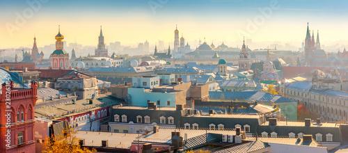 Panoramic aerial view of the historical part of Moscow in the evening