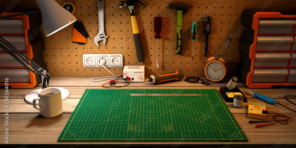 Wooden workbench at workshop. Lot of different tools for diy and repair works.  - obrazy, fototapety, plakaty 