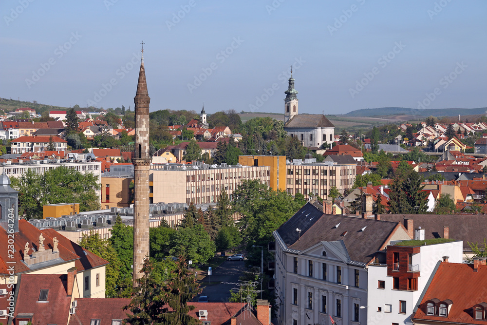 minaret and churches cityscape Eger Hungary