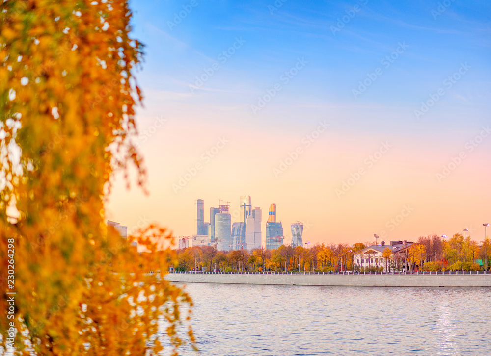 Fototapeta premium Panorama of the business center in the autumn morning.