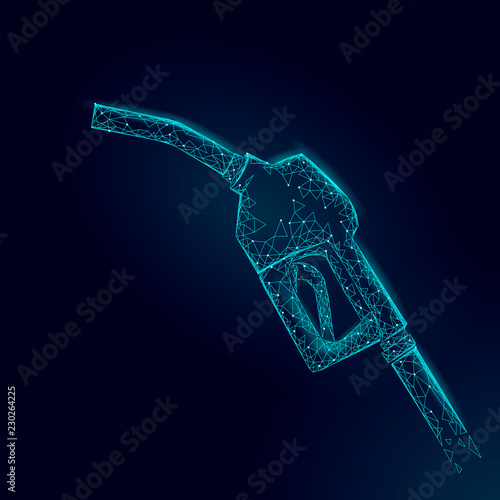 Refueling gas gun dispenser low poly. Polygonal dark blue petrol device industry business car diesel pump refuel 3D isolated design render point line futuristic vector illustration