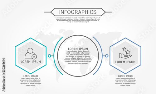 Modern vector illustration 3d. Template of circular infographics with two elements, hexagon. Contains map in the center. Designed for business, presentations, web design, diagrams with 2 steps
