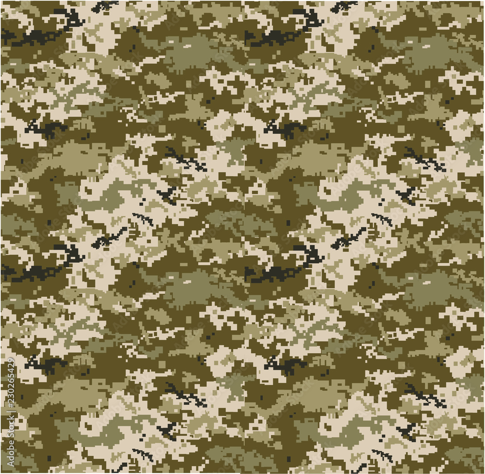 Ukrainian camouflage patern MM14. Green with black, white, olive and beige pixel camouflage pattern