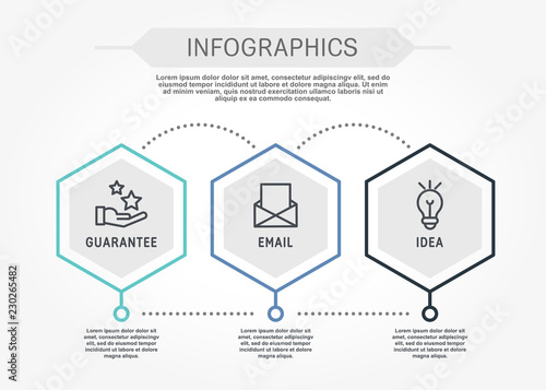 Flat line vector illustration. Infographic template with three elements, hexagons, text. Timeline step by step. Designed for business, presentations, web design, diagrams, training with 3 steps