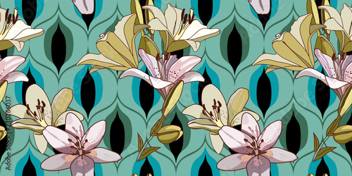 Lilies on vintage seamless pattern.