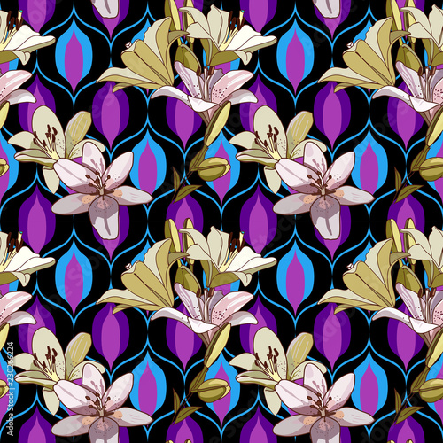 Lilies on vintage seamless pattern.