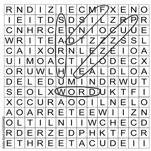Vector illustration of a word search puzzle grid part completed with circled words photo