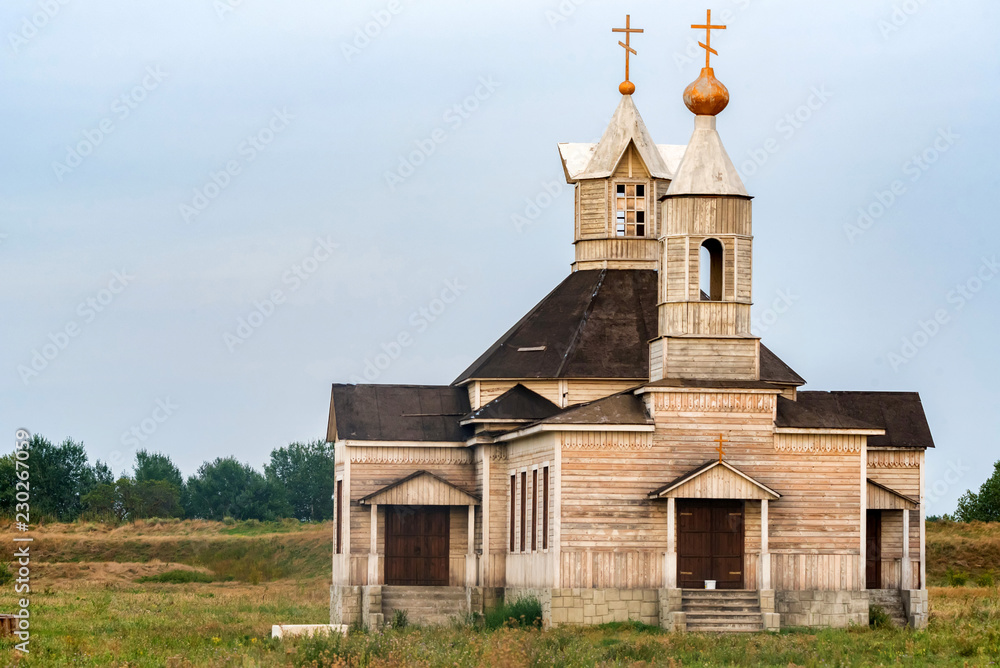 View of small wooden orthodox church in Russia View of small wooden orthodox church in Russia