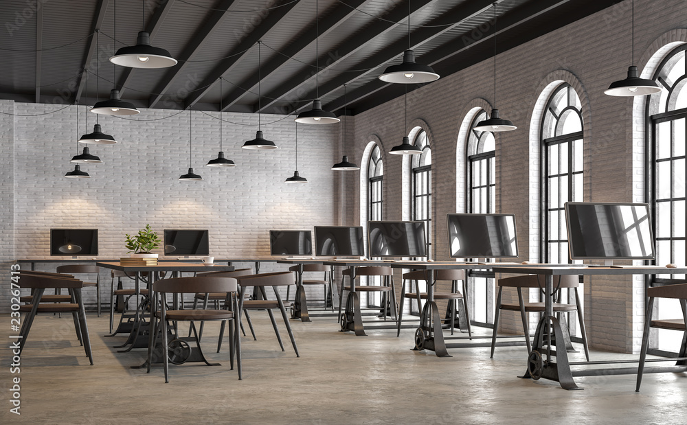 Industrial loft style office with arch shape window 3d render,There are  white brick wall,polished concrete floor and black wood ceiling.Furnished  with dark brown leather and black steel furniture. Stock Illustration |  Adobe