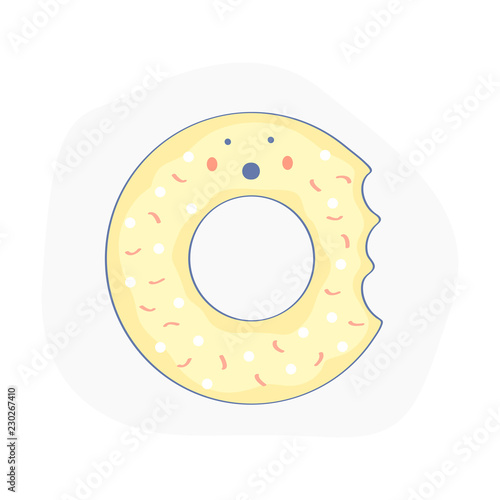 Snack surprised donut, bagel. Cute funny tasty donut character surprised that he was bitten. Flat outline baked doughnut vector illustration, bakery food collection.
