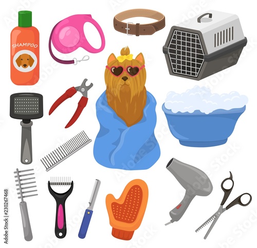 Grooming vector pet dog accessory or animals tools brush hair dryer in groomer salon illustration set of puppy doggy hygiene care equipment isolated on white background