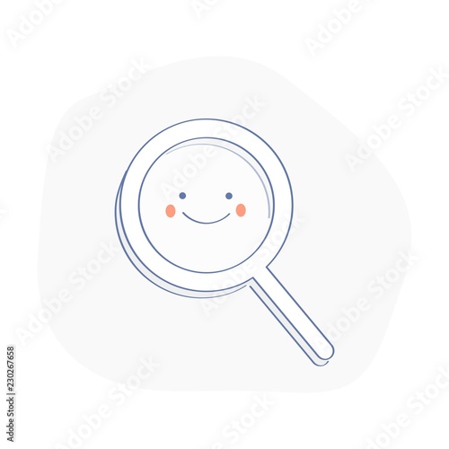 Happy magnifying glass, cute not found symbol, successful search, zoom,  results found while searching. Flat outline vector illustration of loupe or magnifier on white