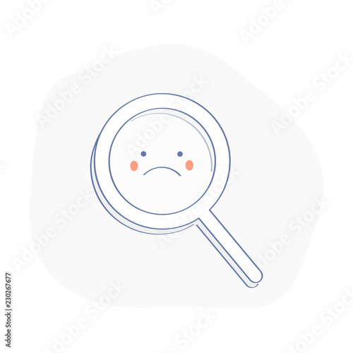Upset magnifying glass, cute not found symbol, unsuccessful search, zoom, 404 icon, no suitable results, oops, failure concept. Flat outline vector illustration of loupe or magnifier on white