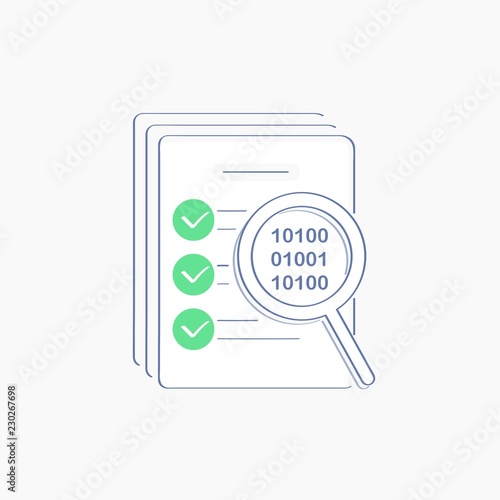 Certificate, Smart contract or White Paper Audit, To do list with check marks. Document, report paper sheet with magnifying glass. Concept of Certification, Documents Research, Checking, studying