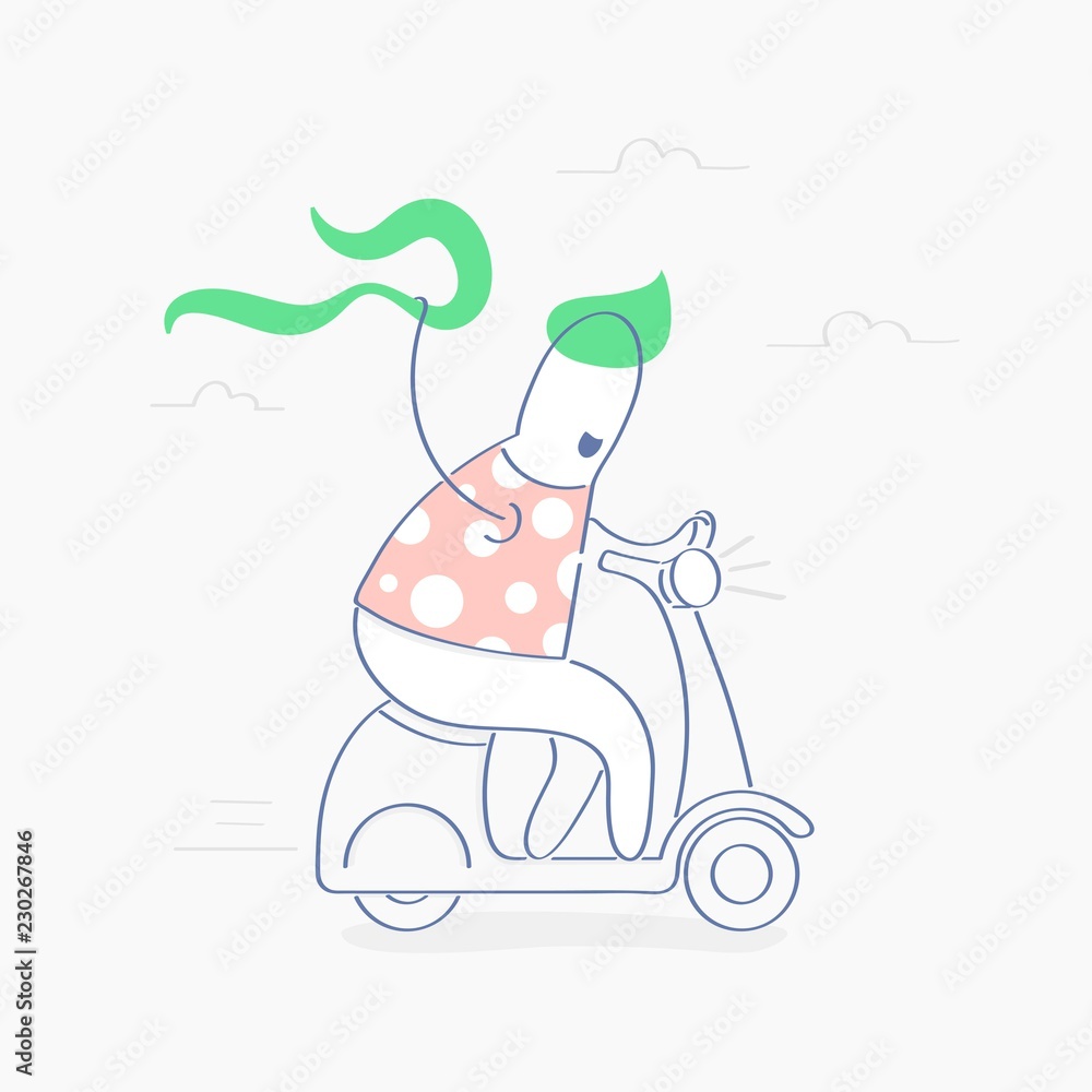 Fototapeta premium Fast shipping, journey or speed transportation. Cute funny man riding delivery scooter or moped on its way to deliver happiness. E-Commerce template