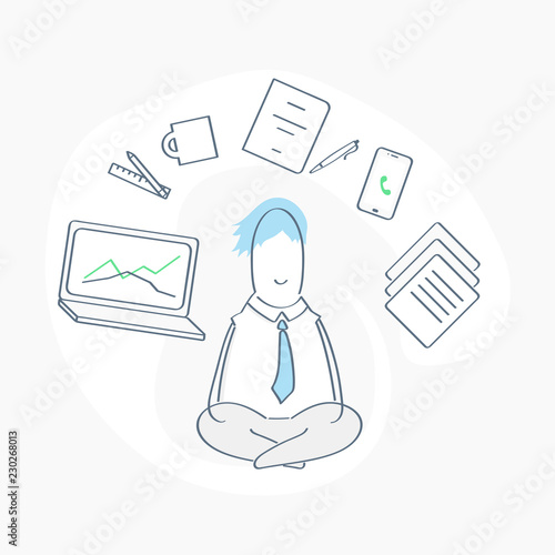 Office scene with Meditating cute Manager Relaxed in Yoga lotus pose, computer and office supplies levitating around character while he concentrating. Flat line Isolated vector illustration design