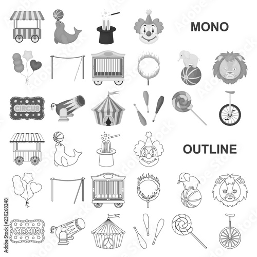 Circus and attributes monochrom icons in set collection for design. Circus Art vector symbol stock web illustration.