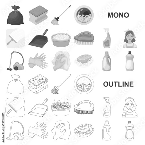 Cleaning and maid monochrom icons in set collection for design. Equipment for cleaning vector symbol stock web illustration.