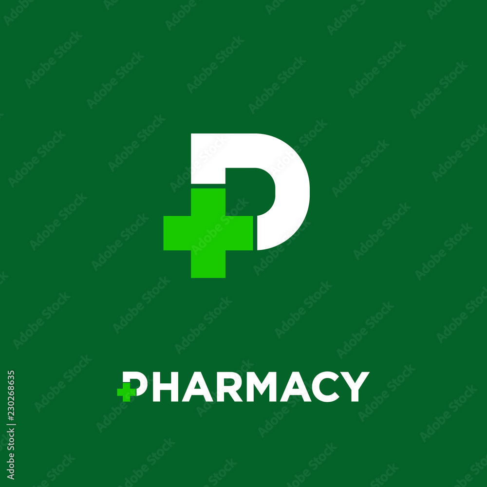 Obraz premium Pharmacy logo. Letter P with pharmacy cross icon, isolated on a dark-green background. Letter P and medical cross. Drugstore, apothecary icon.