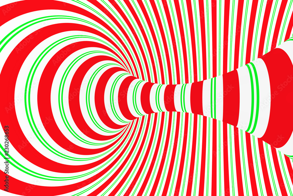 Obraz premium Christmas festive red and green spiral tunnel. Striped twisted xmas optical illusion. Hypnotic background. 3D render illustration.