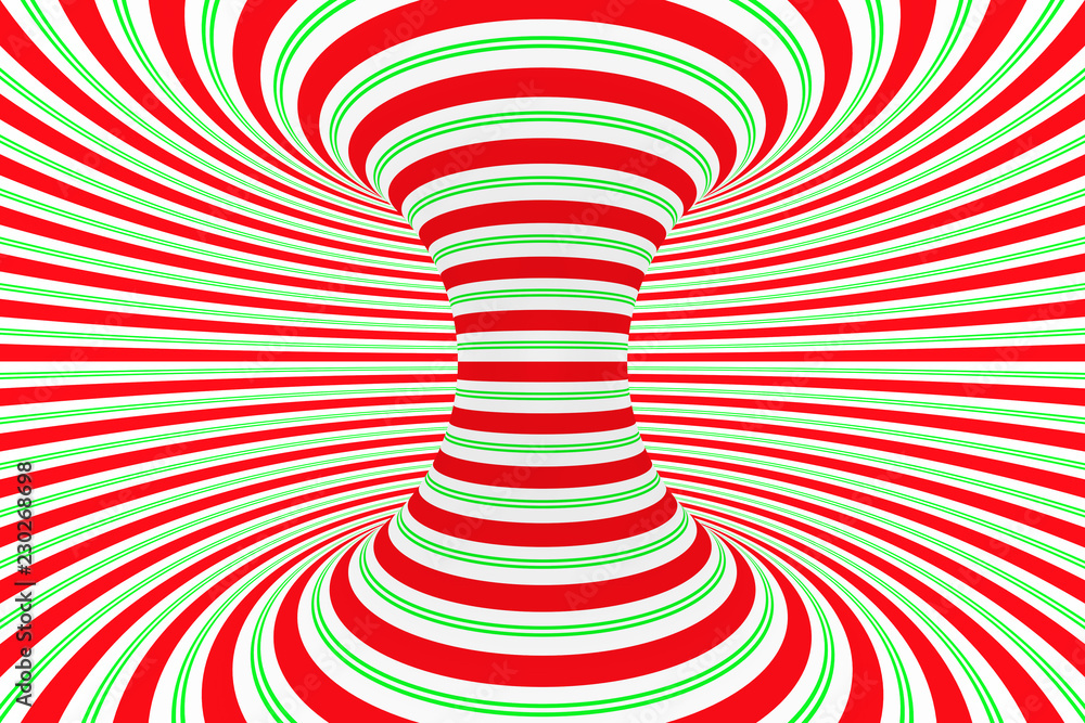 Fototapeta Christmas festive red and green spiral tunnel. Striped twisted xmas optical illusion. Hypnotic background. 3D render illustration.