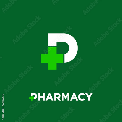 Pharmacy logo. Letter P with pharmacy cross icon, isolated on a dark-green background. Letter P and medical cross. Drugstore, apothecary icon.