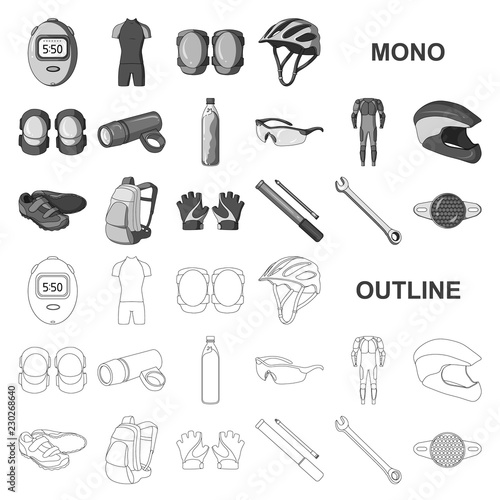 Bicycle outfit monochrom icons in set collection for design. Bicycle and tool vector symbol stock web illustration.