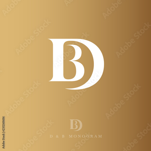 D and B letters. Monogram consist of white letters, isolated on a gold background. The vintage style.