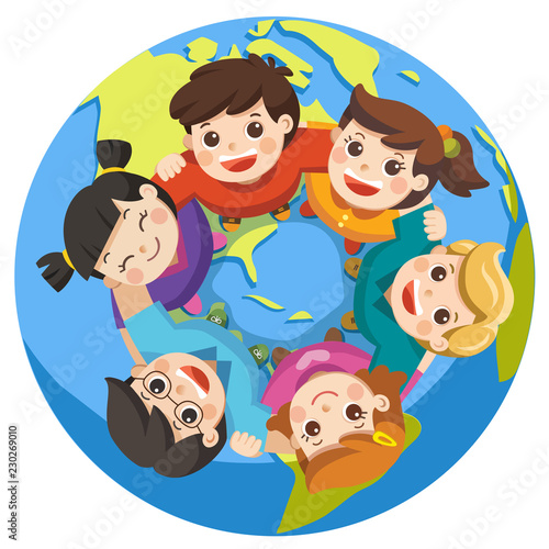 Friendship boys and girls standing arm in arm forming a circle looking up at the viewer around a Globe. Happy group children isolated.