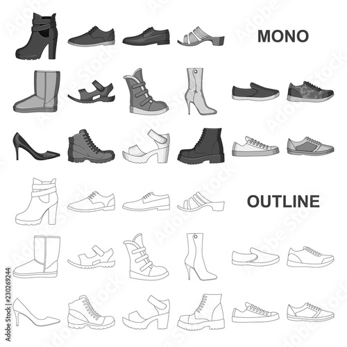 Different shoes monochrom icons in set collection for design. Men and women shoes vector symbol stock web illustration.