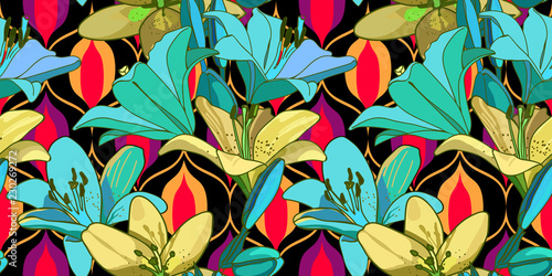 Lilies on vintage seamless pattern.