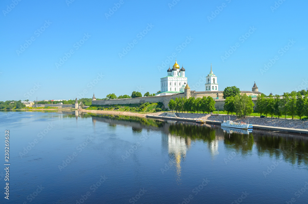 Russia. Pskov. View of the Pskov Kremlin from Olginsky bridge over the Velikaya river