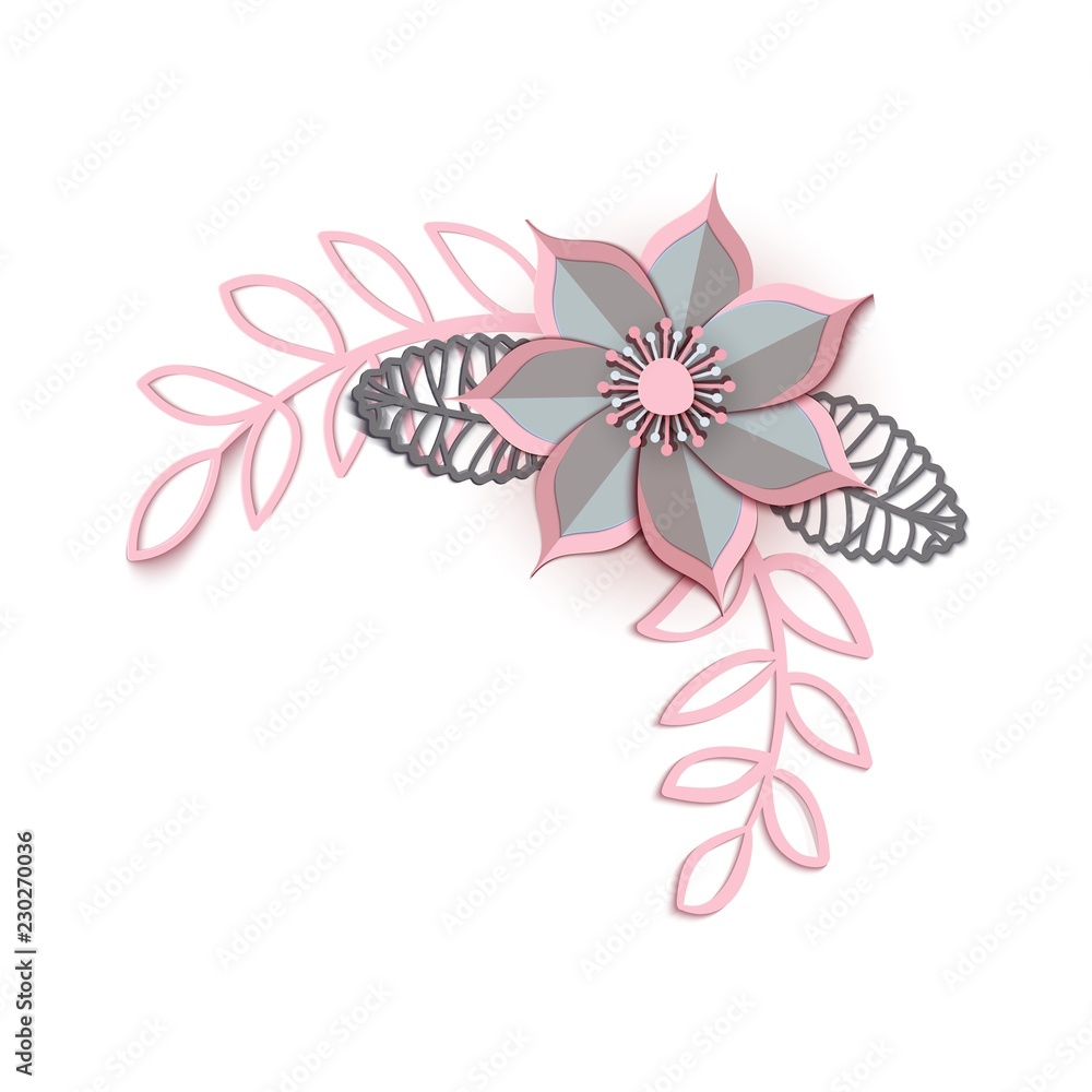 Paper cut design with flower composition. Beautiful angle background with paper flowers and leaves in gray and pink colour. Element of frame for floral greeting card. Vector illustration.