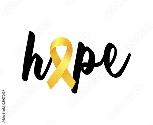 Hope text with Realistic golden Ribbon card to Childhood Cancer Awareness Month.
