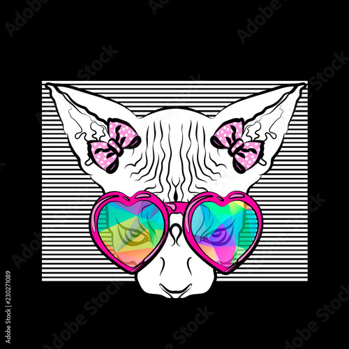 Pop art. Portrait of cat girl. Egyptian cat in pink glasses. Vector sketch.