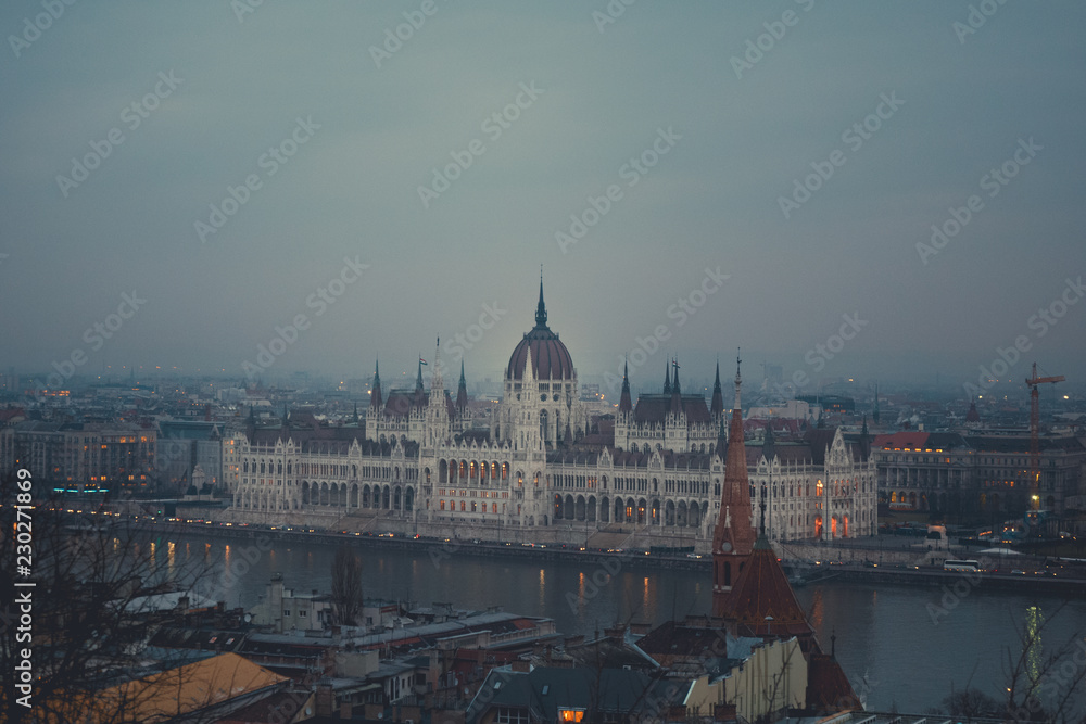 View of Budapest with the parliament at dusk
