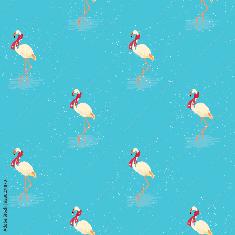 Obraz premium Seamless pattern of white flamingo in a red scarf standing in water on one leg in winter. Vector illustration of exotic bird on blue background. Wildlife concept.