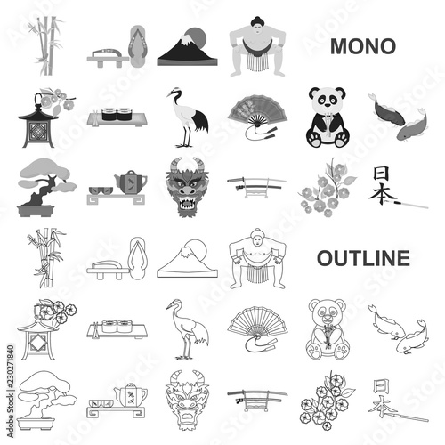 Country Japan monochrom icons in set collection for design.Japan and landmark vector symbol stock web illustration.