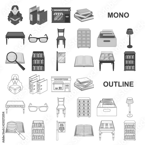 Library and bookstore monochrom icons in set collection for design. Books and furnishings vector symbol stock web illustration.